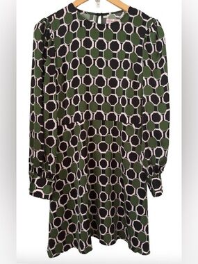 Traffic People Olive Grn, blk & pink plka dt  l/s drss SZ M old money office